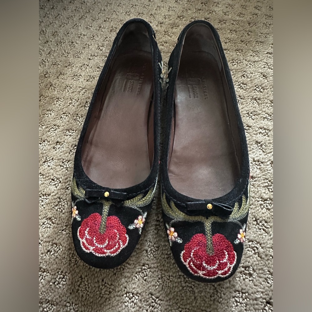 Floral Embroidered Black suede Flats by Car Shoe (Prada brand)